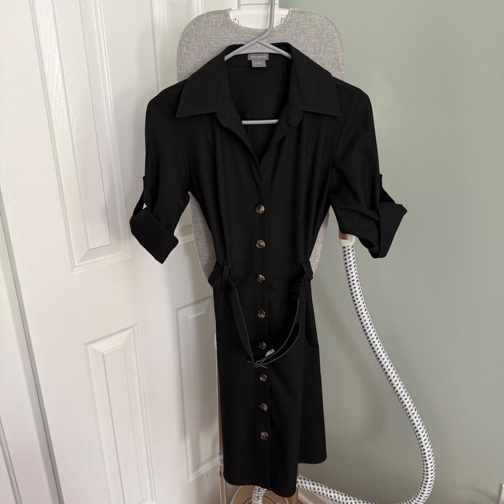 Ann Taylor Black Belted Shirt Dress Button Front Corporate Chic Office Siren 2